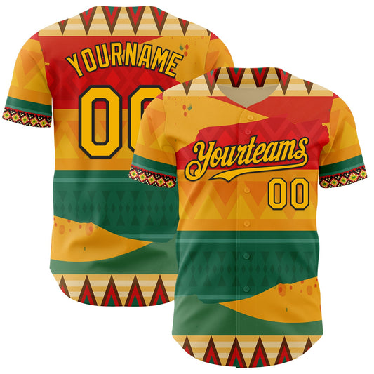Custom Yellow Gold Red Green-Black Black History Month Africa Tribal Authentic Baseball Jersey - Main View