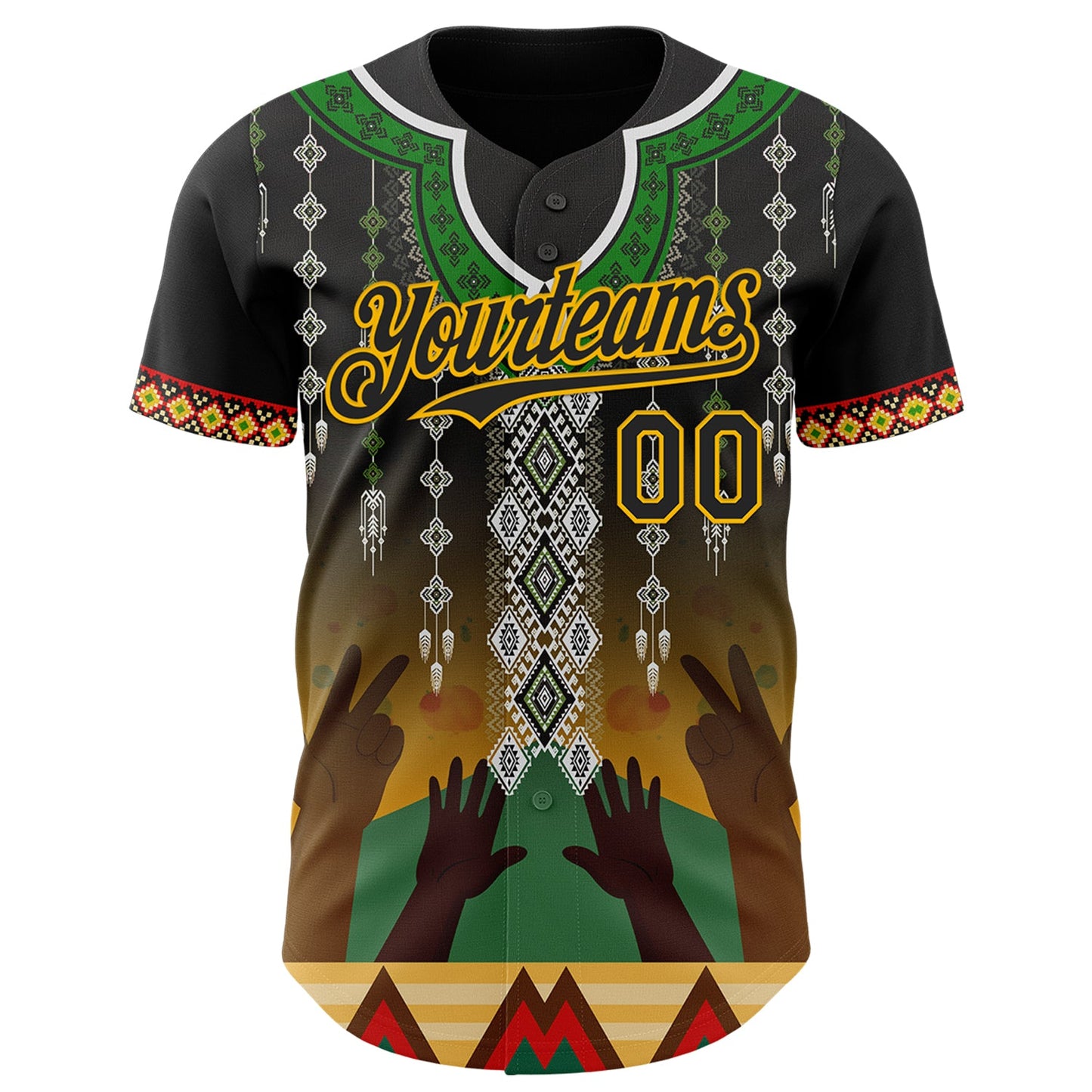 Custom Black Green Gold-Red Black History Month Africa Tribal Authentic Baseball Jersey view 2