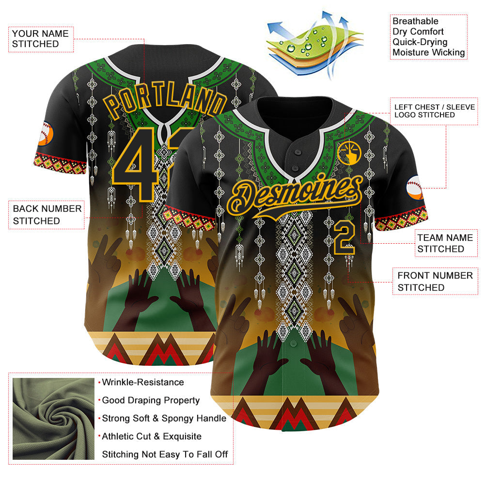 Custom Black Green Gold-Red Black History Month Africa Tribal Authentic Baseball Jersey view 3