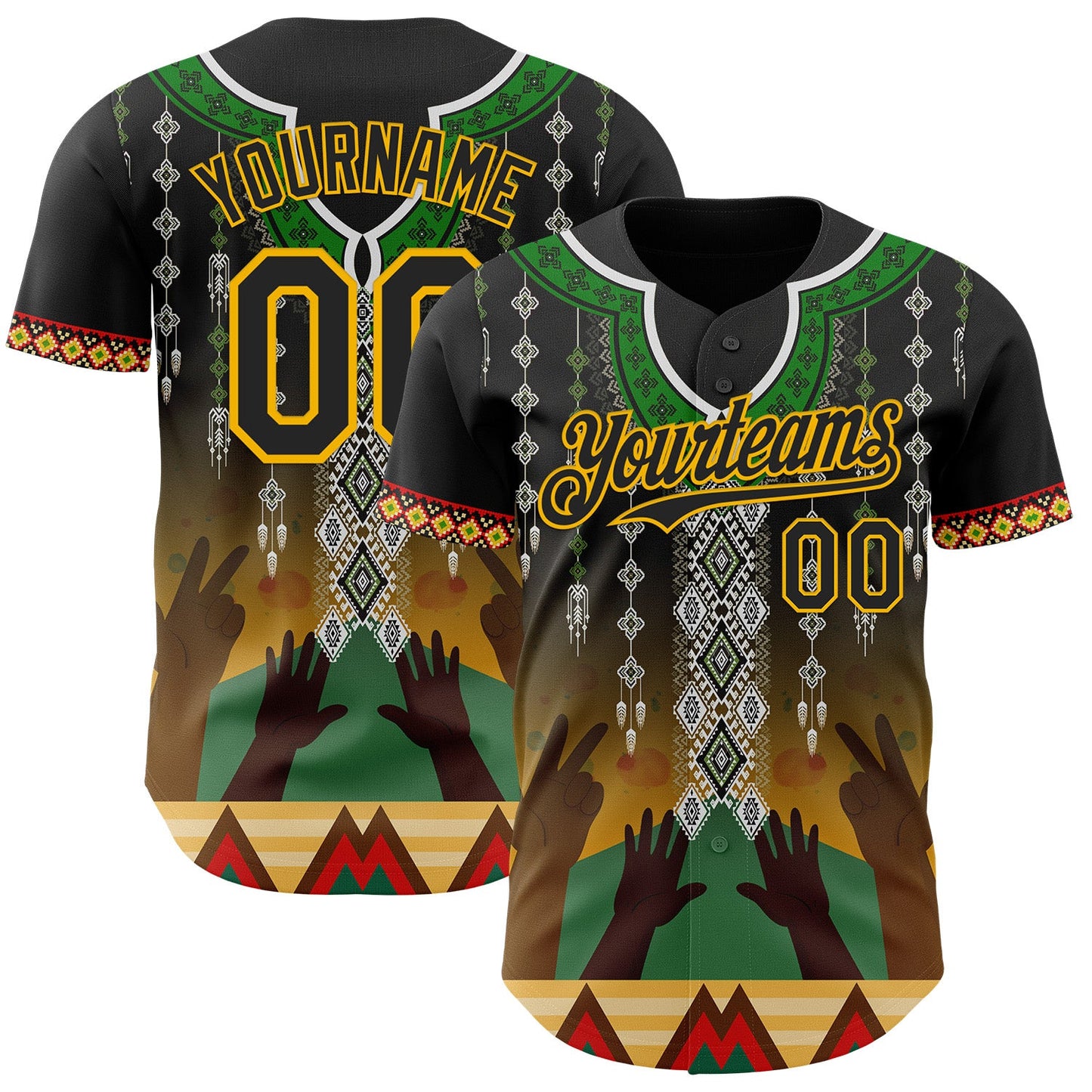 Custom Black Green Gold-Red Black History Month Africa Tribal Authentic Baseball Jersey - Main View