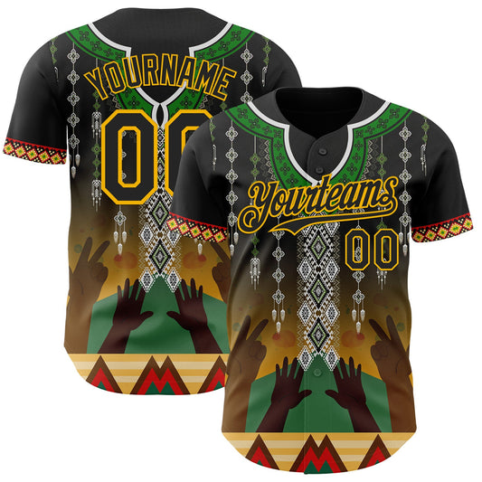 Custom Black Green Gold-Red Black History Month Africa Tribal Authentic Baseball Jersey - Main View