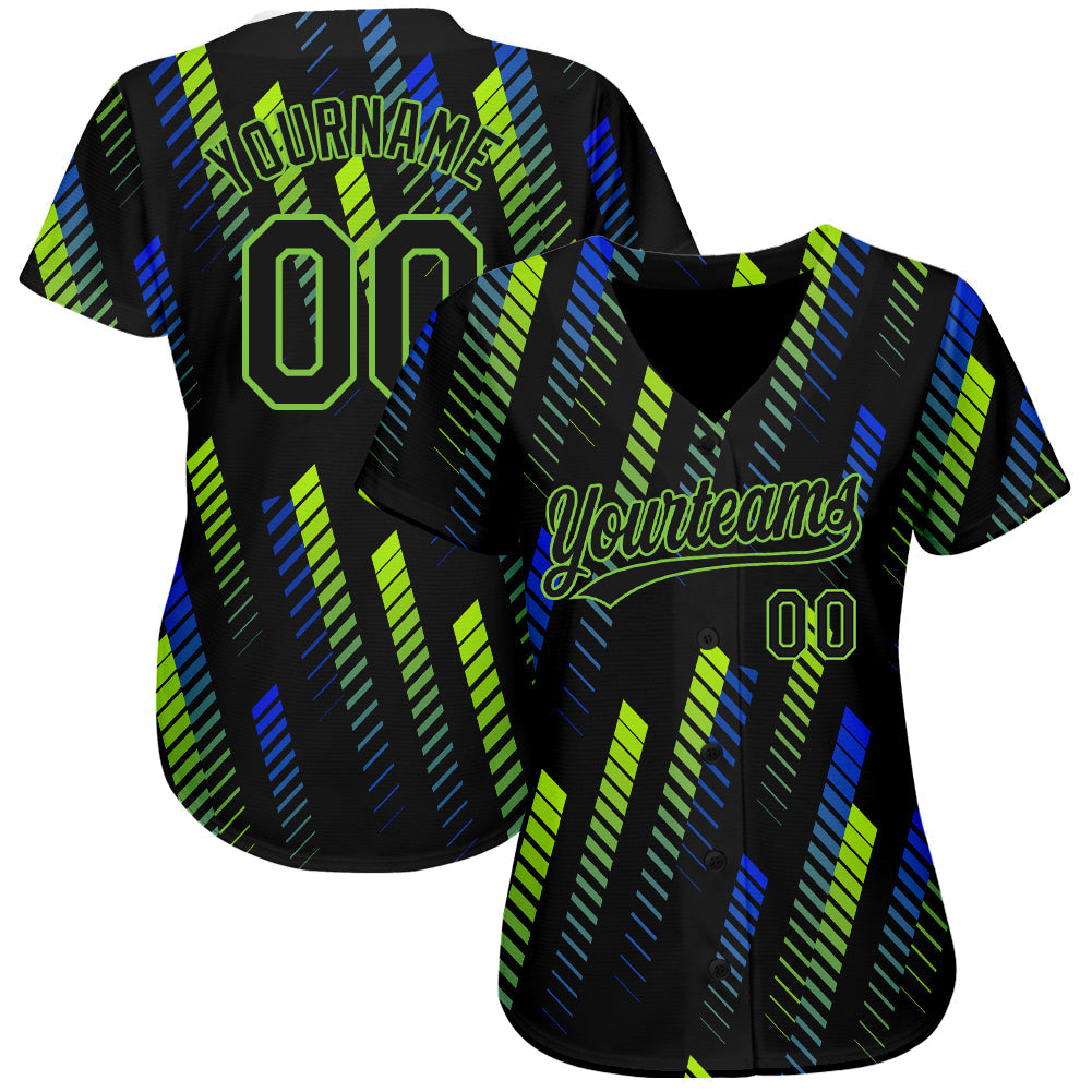 Custom Black Black Neon Green-Royal 3D Pattern Design Authentic Baseball Jersey view 2