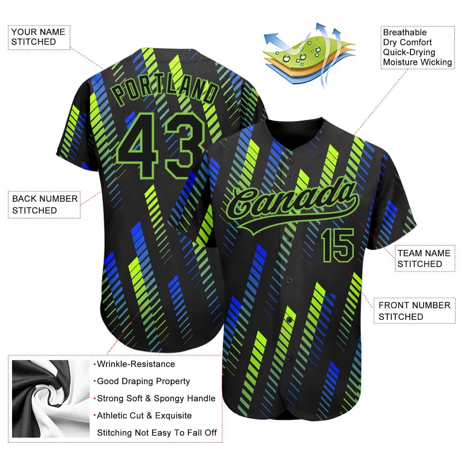 Custom Black Black Neon Green-Royal 3D Pattern Design Authentic Baseball Jersey view 3