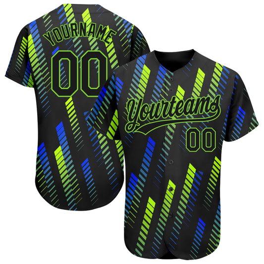 Custom Black Black Neon Green-Royal 3D Pattern Design Authentic Baseball Jersey - Main View