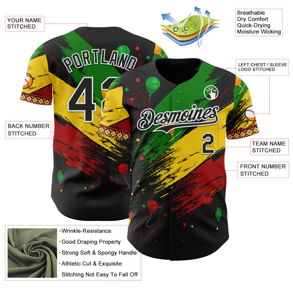 Custom Black Green Yellow Red-White Black History Month Africa Tribal Authentic Baseball Jersey view 3