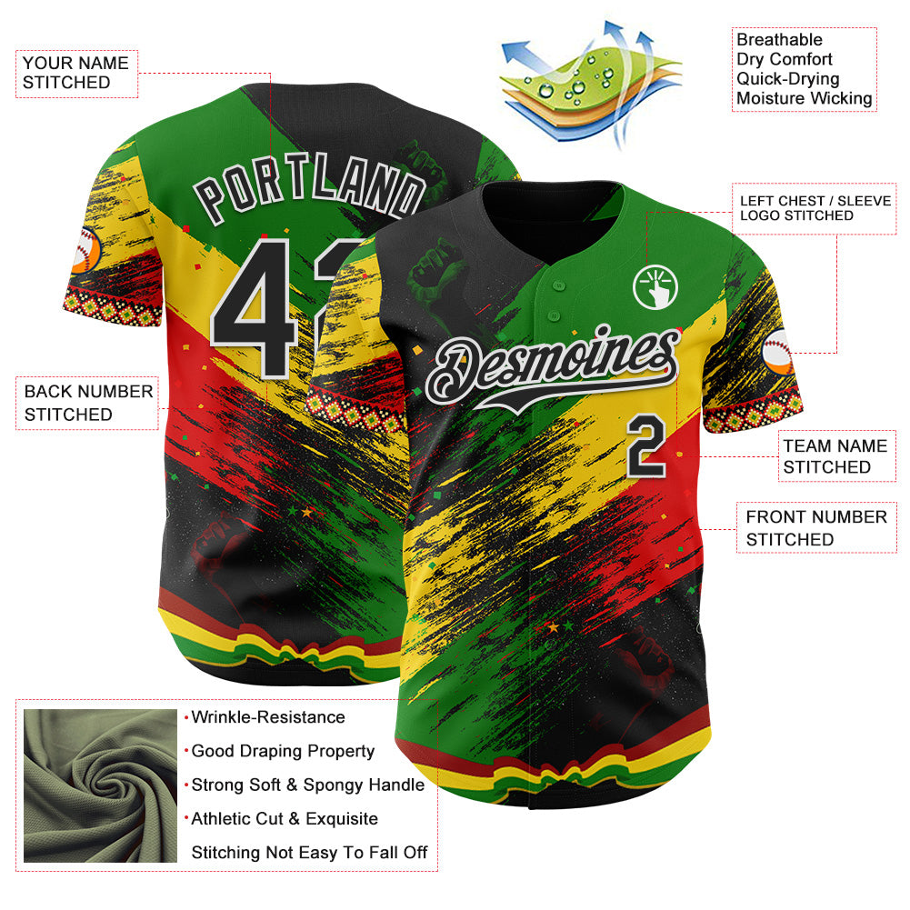Custom Black Green Yellow Red-White Black History Month Africa Tribal Authentic Baseball Jersey view 3