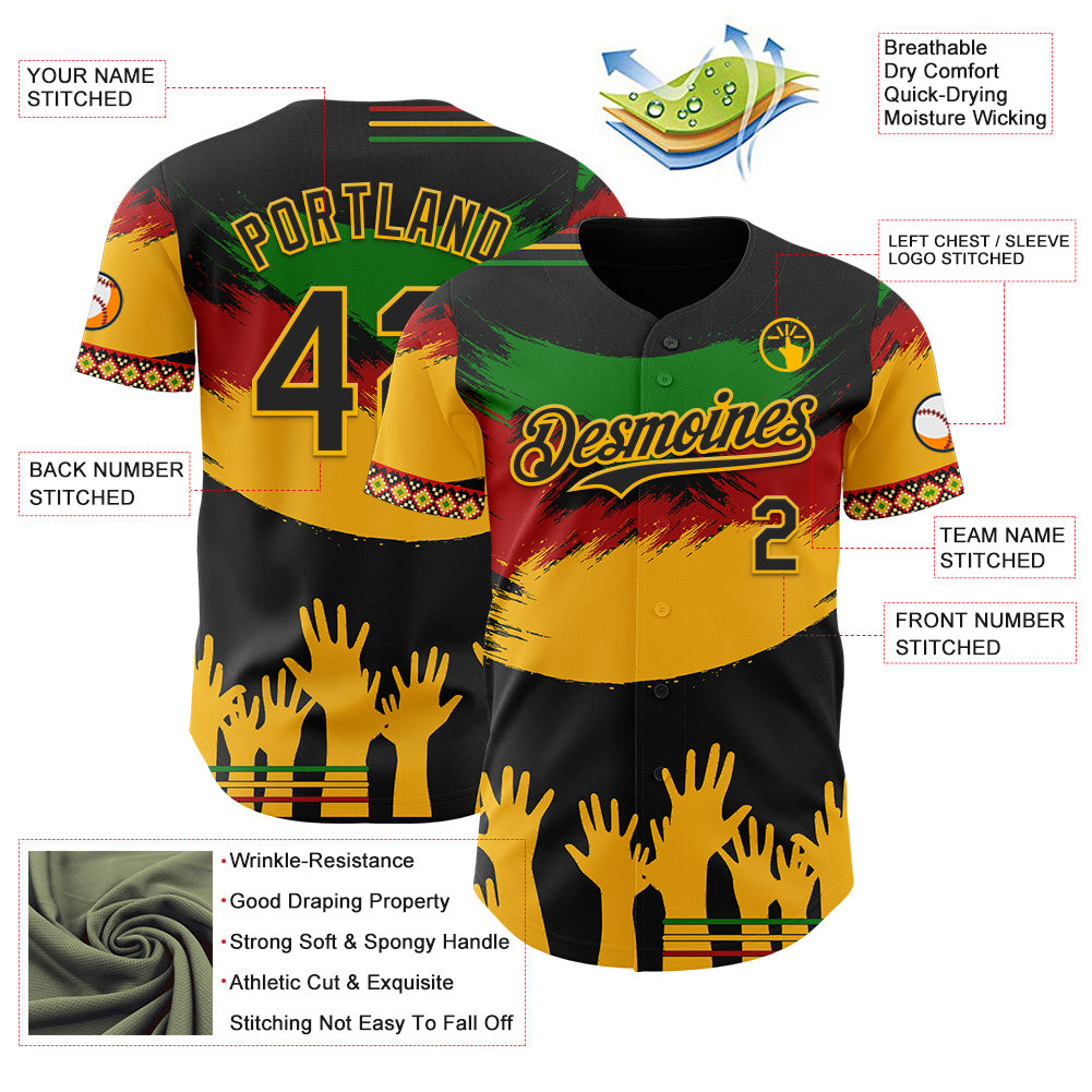 Custom Black Green Red-Gold Black History Month Africa Tribal Authentic Baseball Jersey view 3