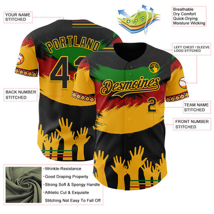 Custom Black Green Red-Gold Black History Month Africa Tribal Authentic Baseball Jersey view 3