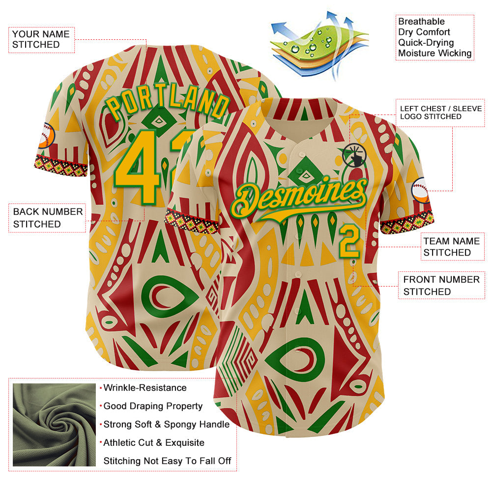 Custom City Cream Gold Red-Grass Green Black History Month Africa Tribal Authentic Baseball Jersey view 3