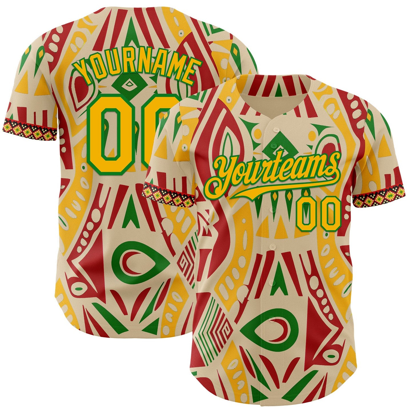 Custom City Cream Gold Red-Grass Green Black History Month Africa Tribal Authentic Baseball Jersey - Main View