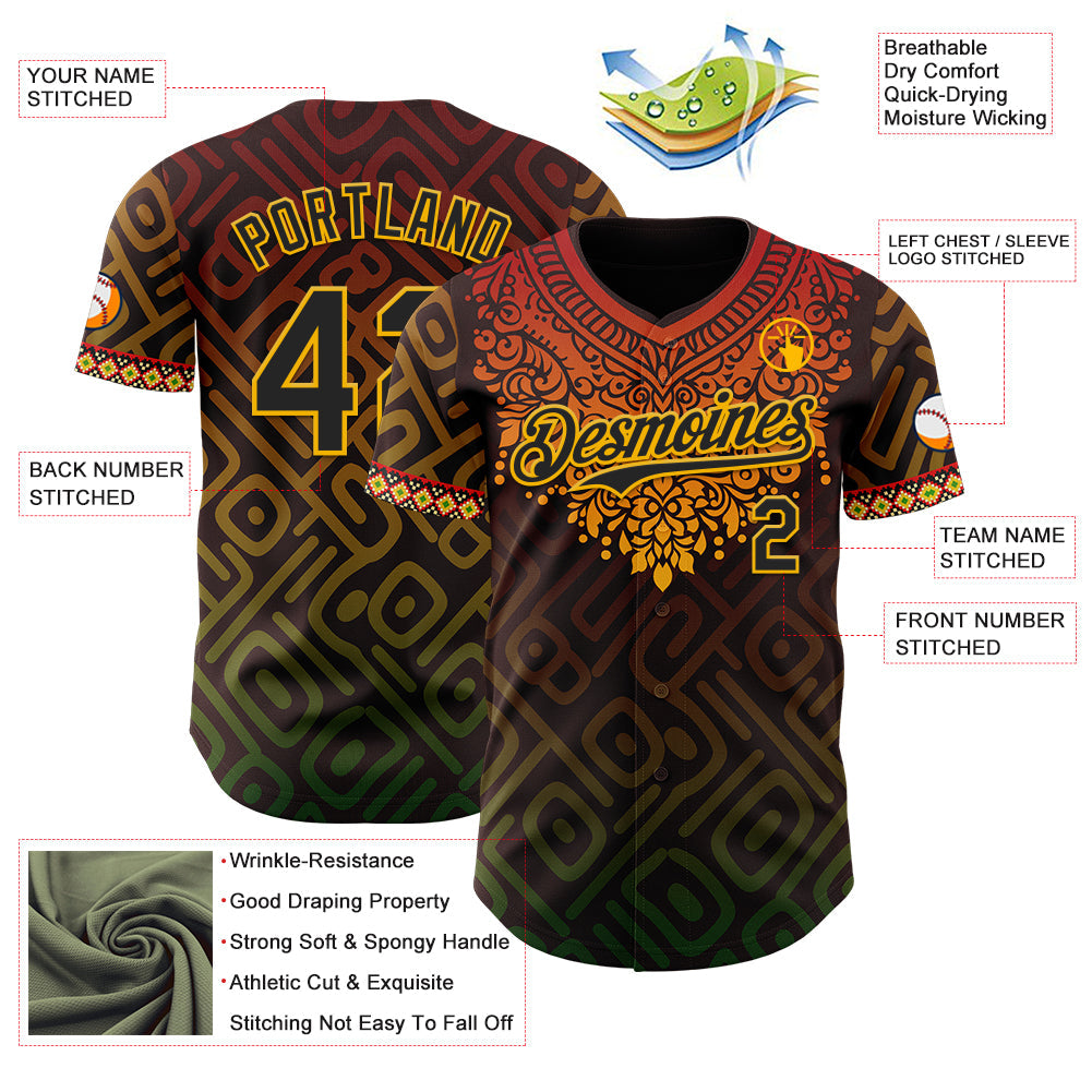 Custom Brown Black Red Gold-Green Black History Month Africa Tribal Authentic Baseball Jersey view 3