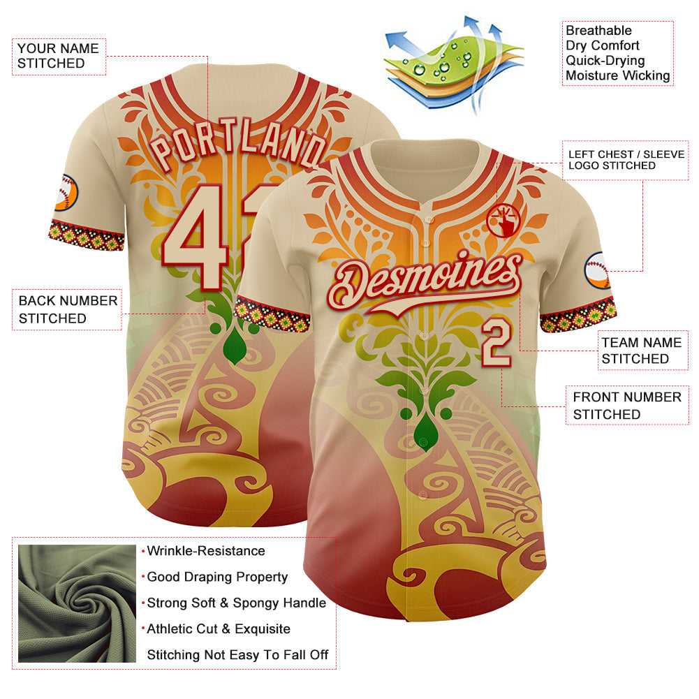 Custom City Cream Red Gold-Green Black History Month Africa Tribal Authentic Baseball Jersey view 3