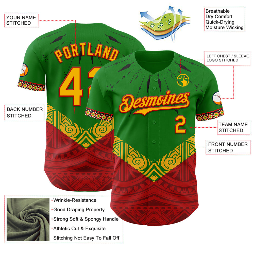 Custom Grass Green Gold Red-Black Black History Month Africa Tribal Authentic Baseball Jersey view 3