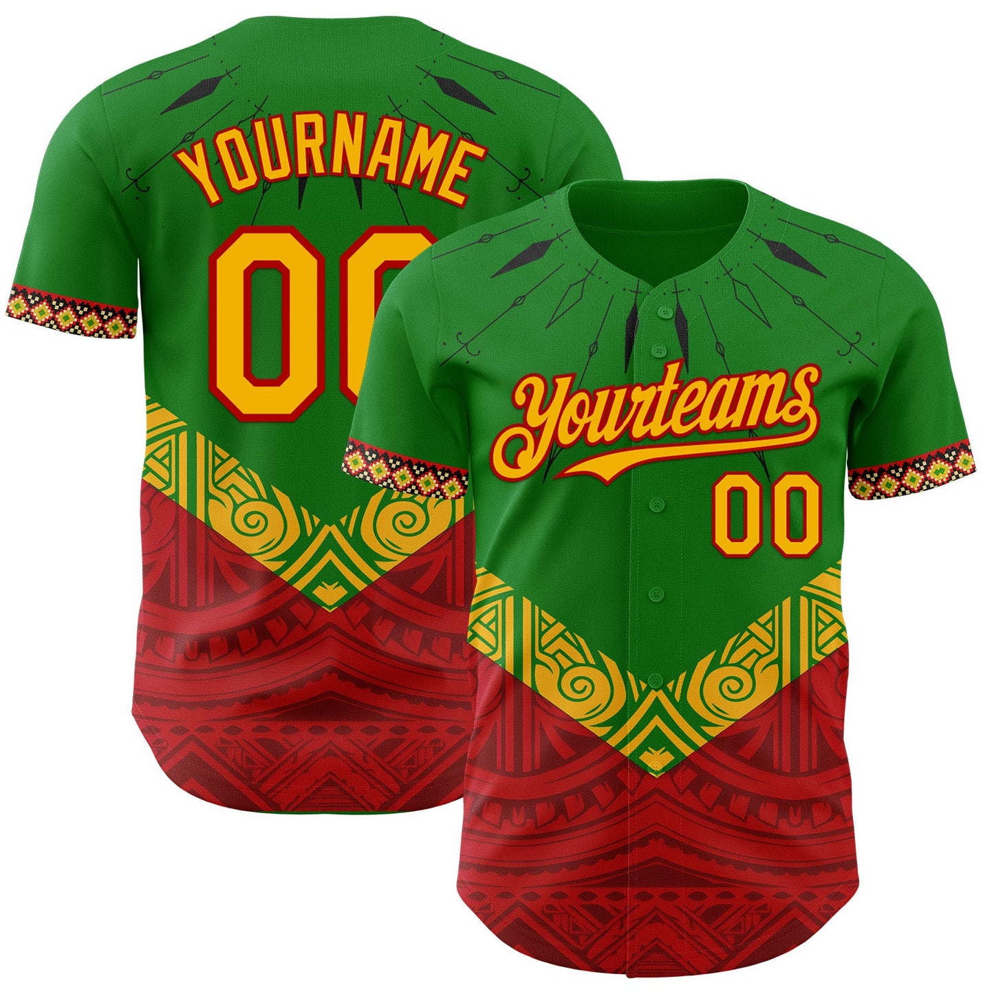 Custom Grass Green Gold Red-Black Black History Month Africa Tribal Authentic Baseball Jersey - Main View