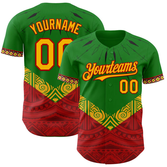 Custom Grass Green Gold Red-Black Black History Month Africa Tribal Authentic Baseball Jersey - Main View