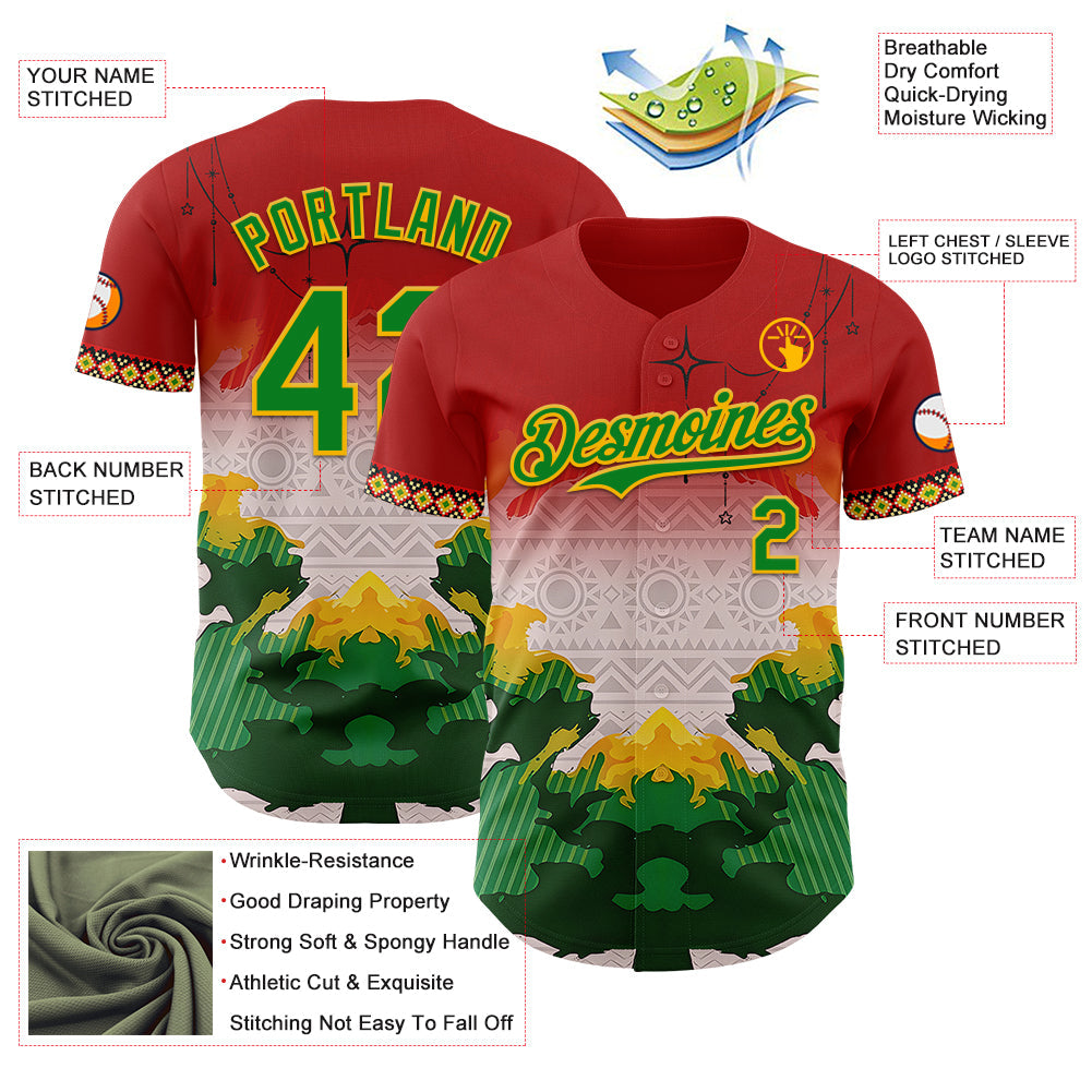 Custom Red Grass Green Gold-Black Black History Month Africa Tribal Authentic Baseball Jersey view 3
