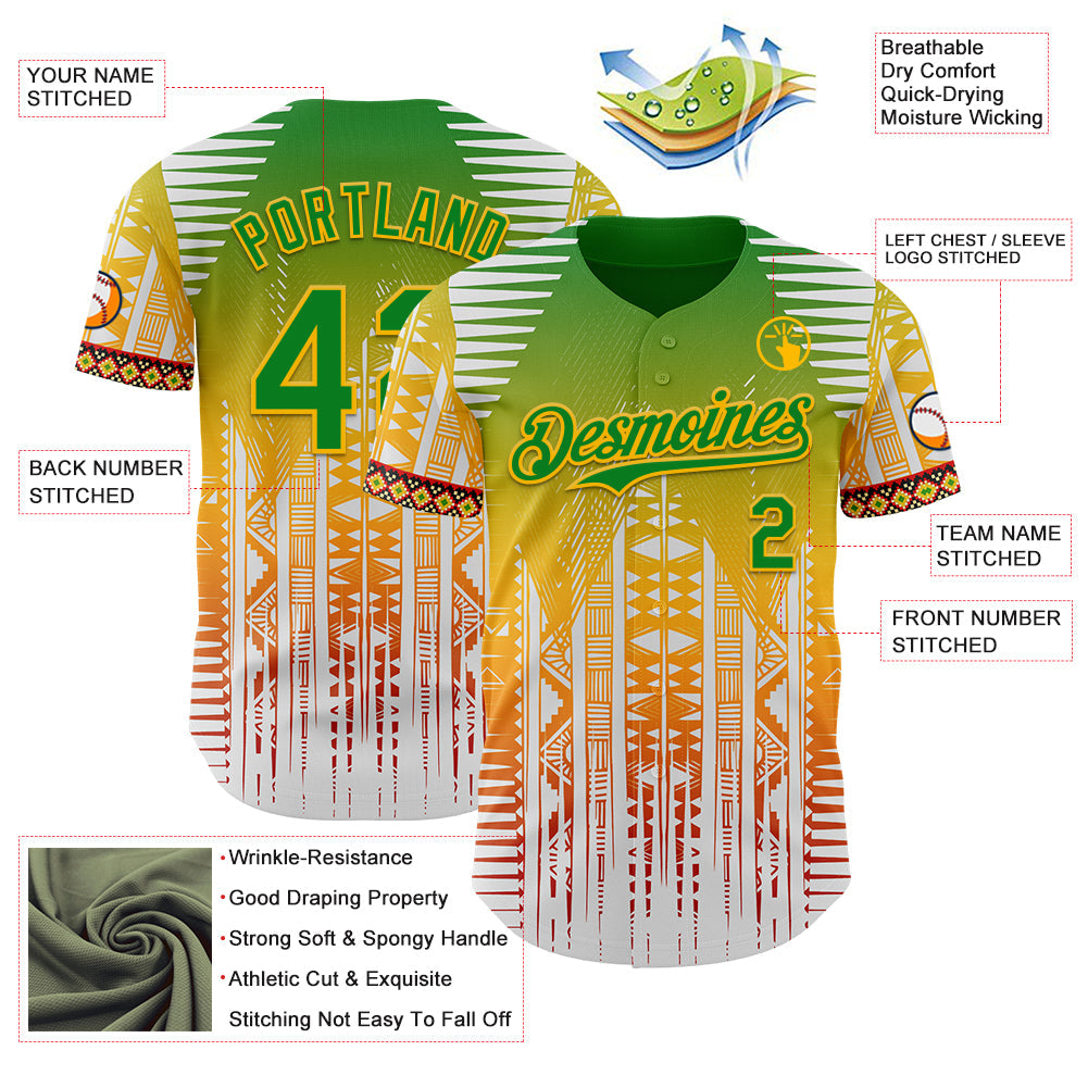 Custom White Grass Green Gold Red-Black Black History Month Africa Tribal Authentic Baseball Jersey view 3