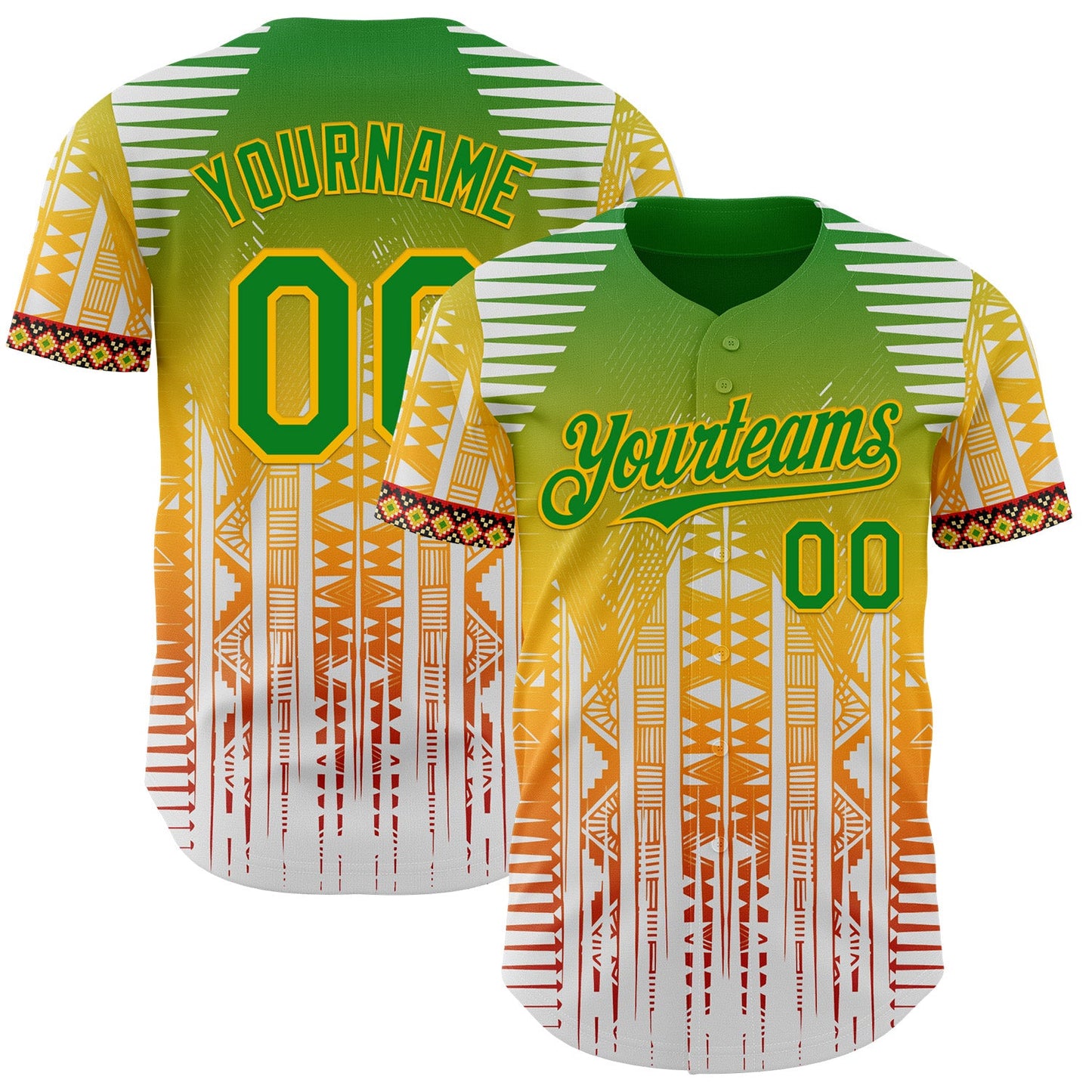 Custom White Grass Green Gold Red-Black Black History Month Africa Tribal Authentic Baseball Jersey - Main View