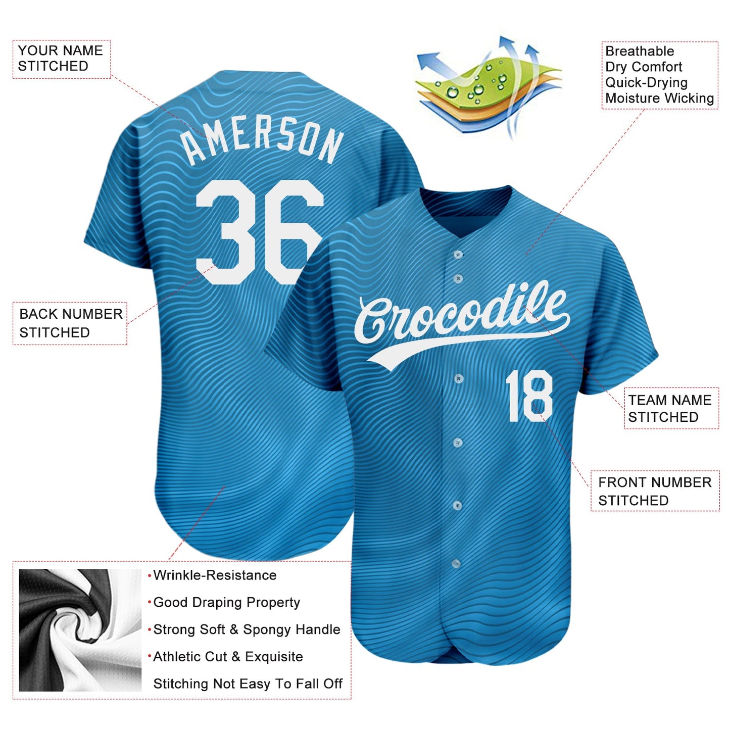 Custom Light Blue White 3D Pattern Design Authentic Baseball Jersey view 3