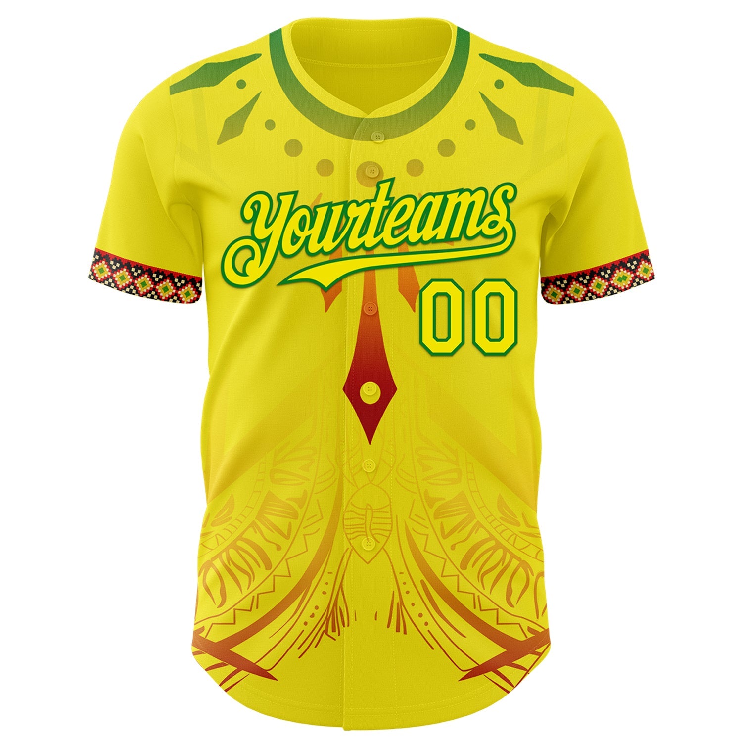 Custom Light Yellow Grass Green Red-Black Black History Month Africa Tribal Authentic Baseball Jersey view 2