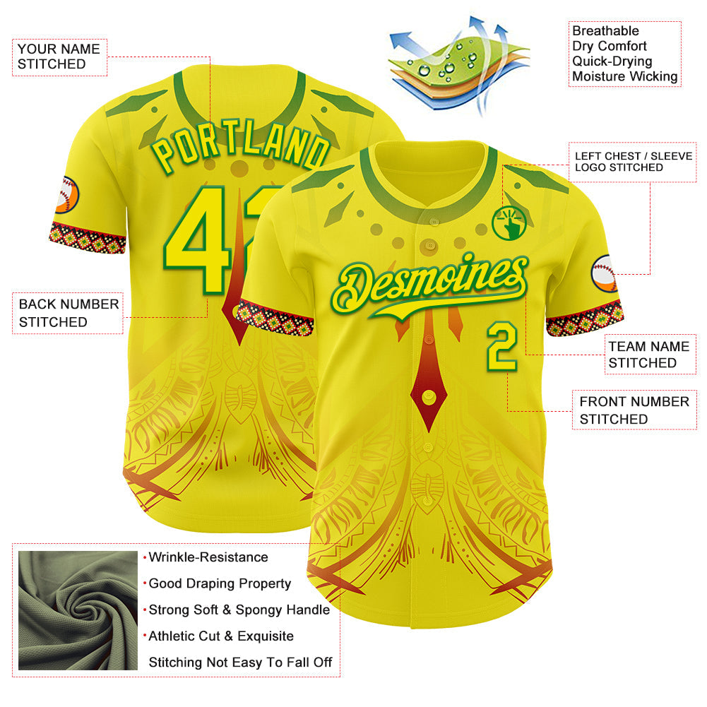 Custom Light Yellow Grass Green Red-Black Black History Month Africa Tribal Authentic Baseball Jersey view 3