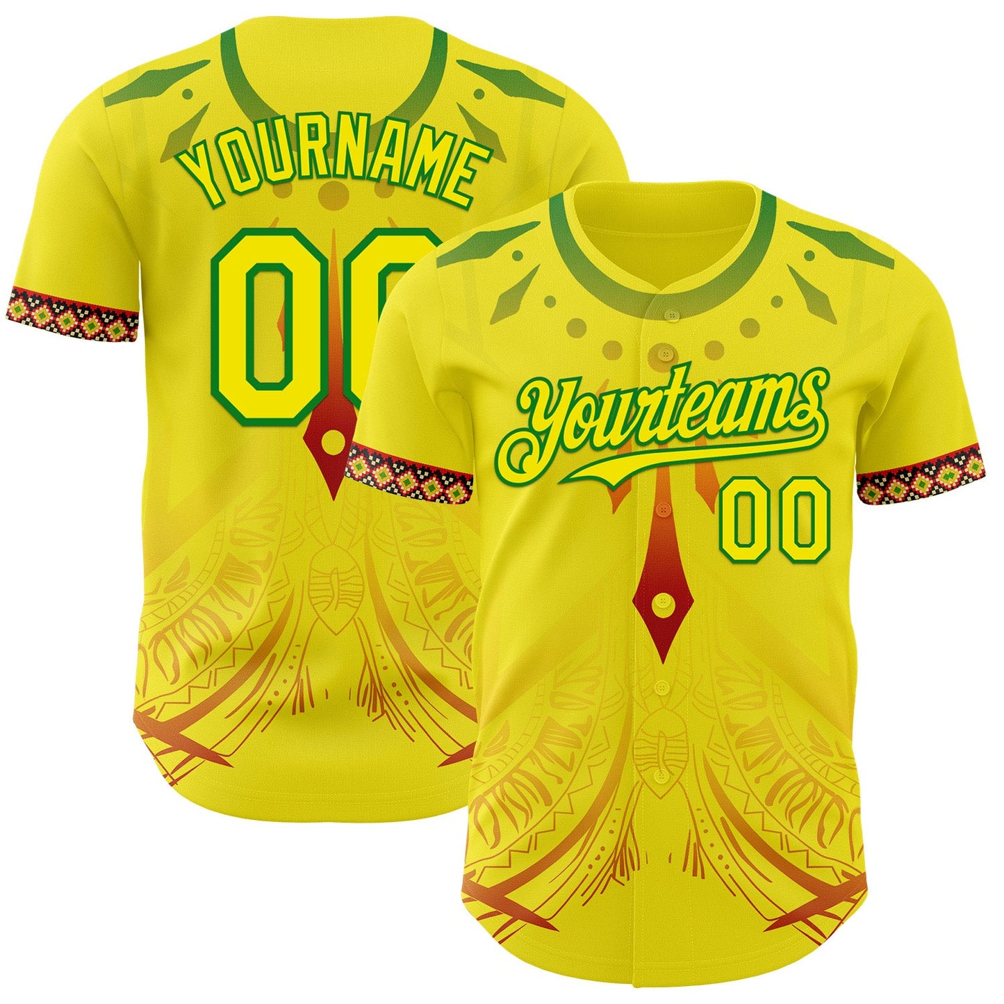 Custom Light Yellow Grass Green Red-Black Black History Month Africa Tribal Authentic Baseball Jersey - Main View