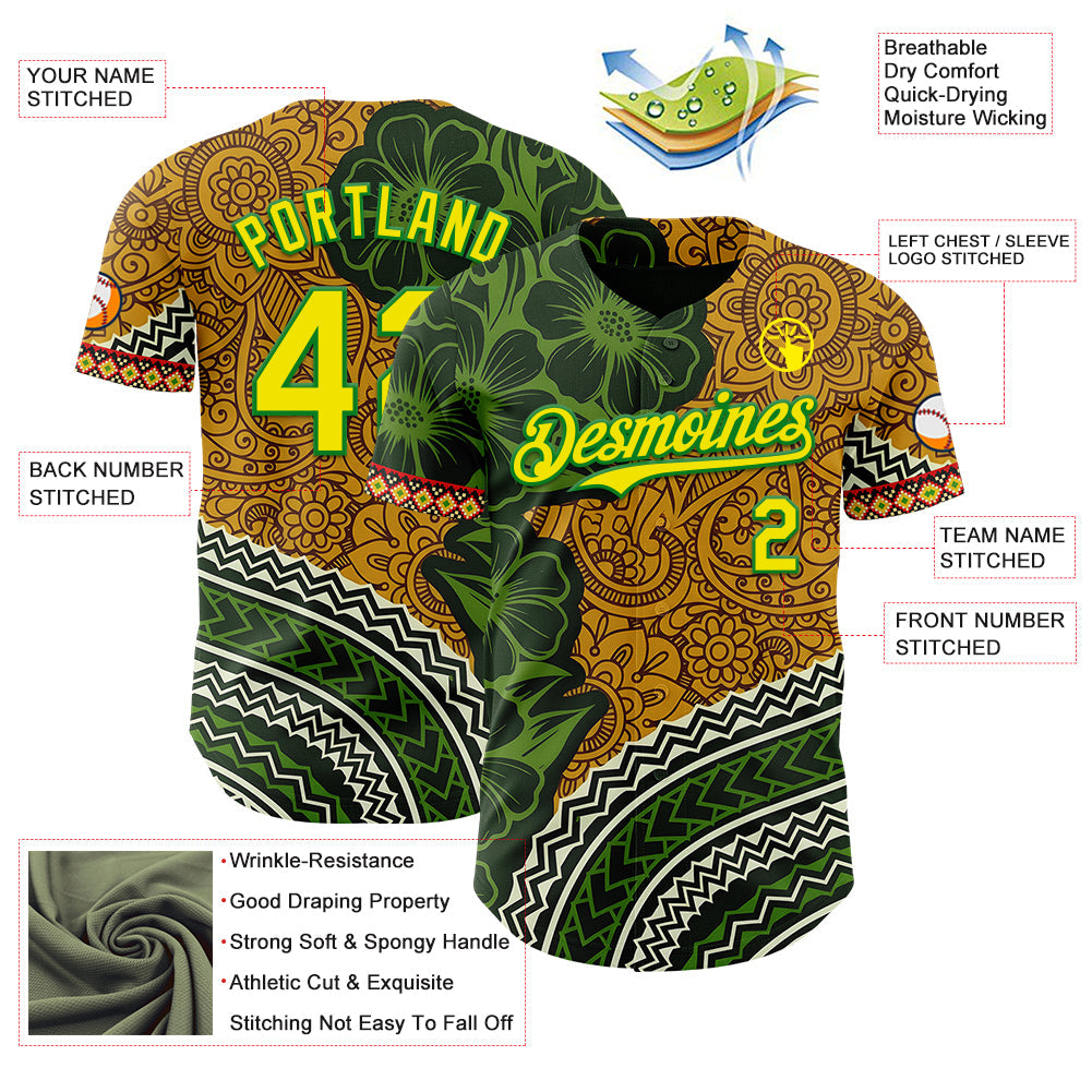 Custom Old Gold Light Yellow Grass Green Black-Red Black History Month Africa Tribal Authentic Baseball Jersey view 3