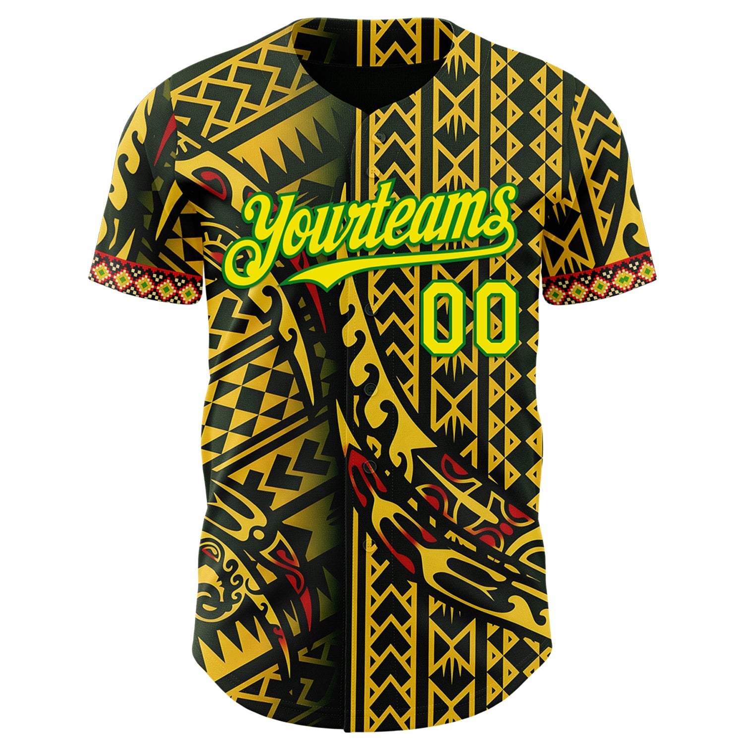 Custom Black Light Yellow Gold Grass Green-Red Black History Month Africa Tribal Authentic Baseball Jersey view 2