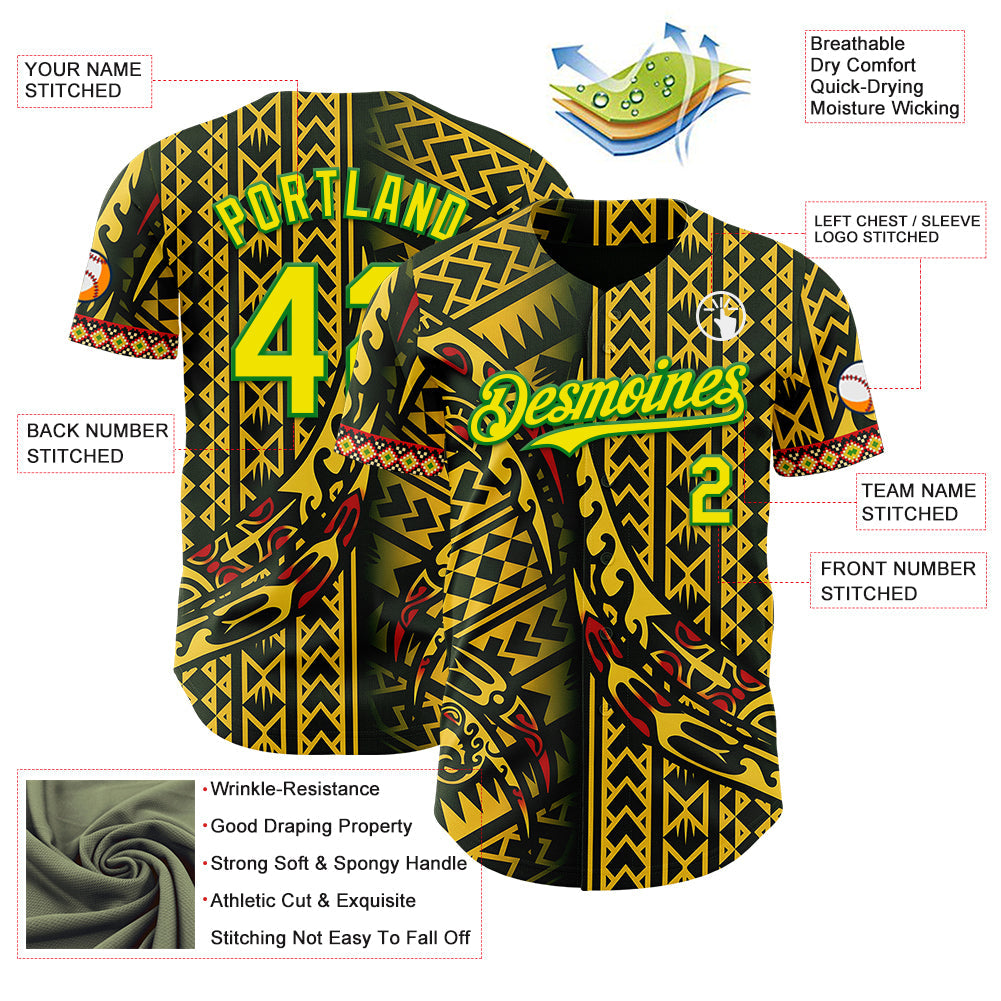 Custom Black Light Yellow Gold Grass Green-Red Black History Month Africa Tribal Authentic Baseball Jersey view 3