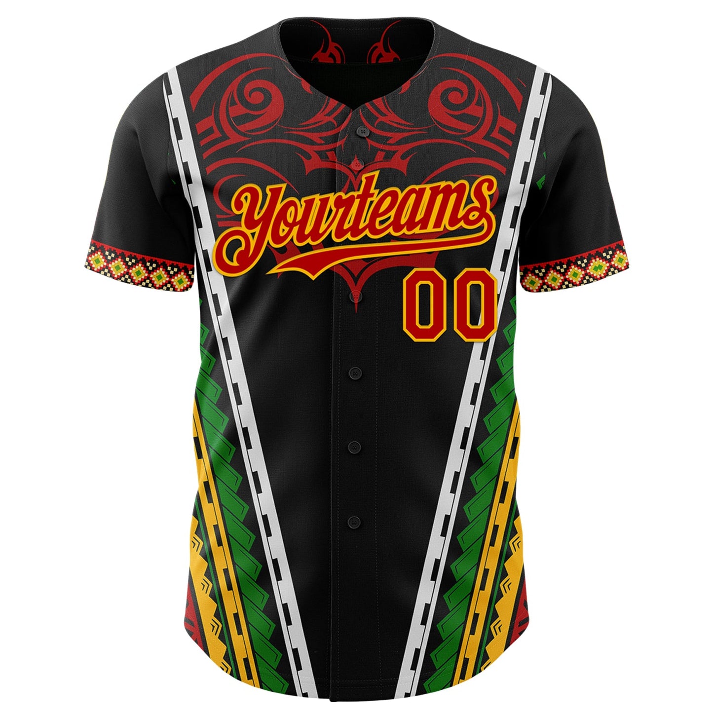 Custom Black Red Gold-Green Black History Month Africa Tribal Authentic Baseball Jersey view 2
