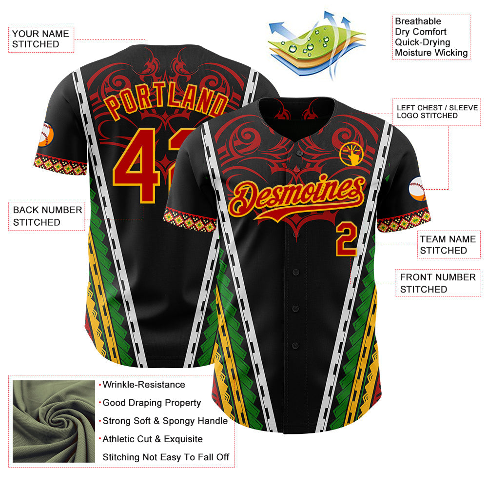 Custom Black Red Gold-Green Black History Month Africa Tribal Authentic Baseball Jersey view 3