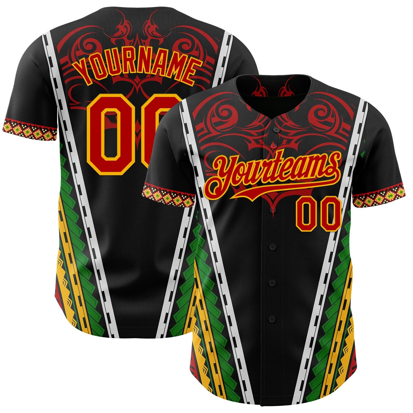 Custom Black Red Gold-Green Black History Month Africa Tribal Authentic Baseball Jersey - Main View