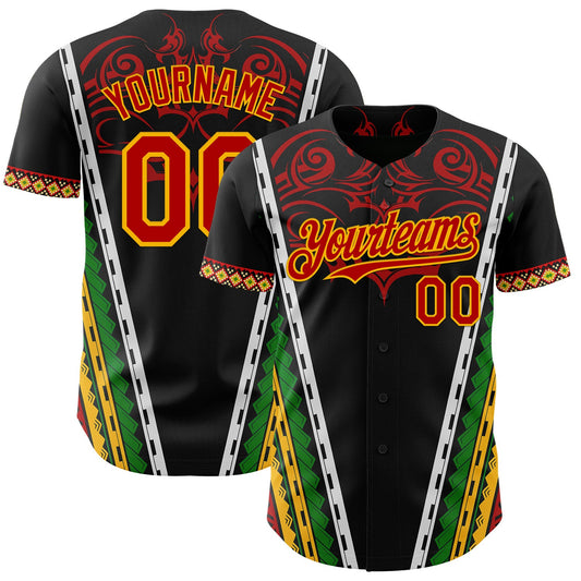 Custom Black Red Gold-Green Black History Month Africa Tribal Authentic Baseball Jersey - Main View