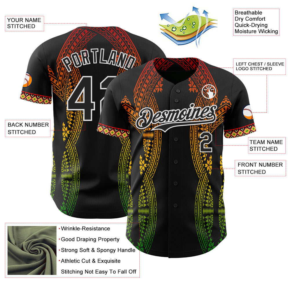Custom Black Red Yellow Green-White Black History Month Africa Tribal Authentic Baseball Jersey view 3