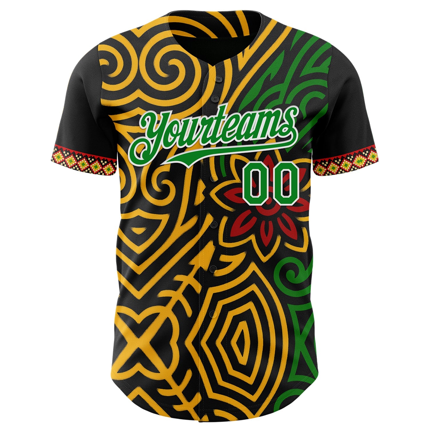 Custom Black Grass Green Gold Red-White Black History Month Africa Tribal Authentic Baseball Jersey view 2