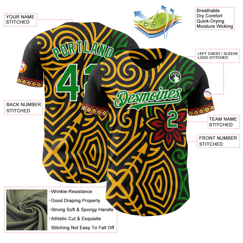 Custom Black Grass Green Gold Red-White Black History Month Africa Tribal Authentic Baseball Jersey view 3