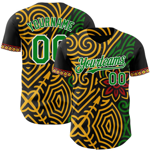 Custom Black Grass Green Gold Red-White Black History Month Africa Tribal Authentic Baseball Jersey - Main View