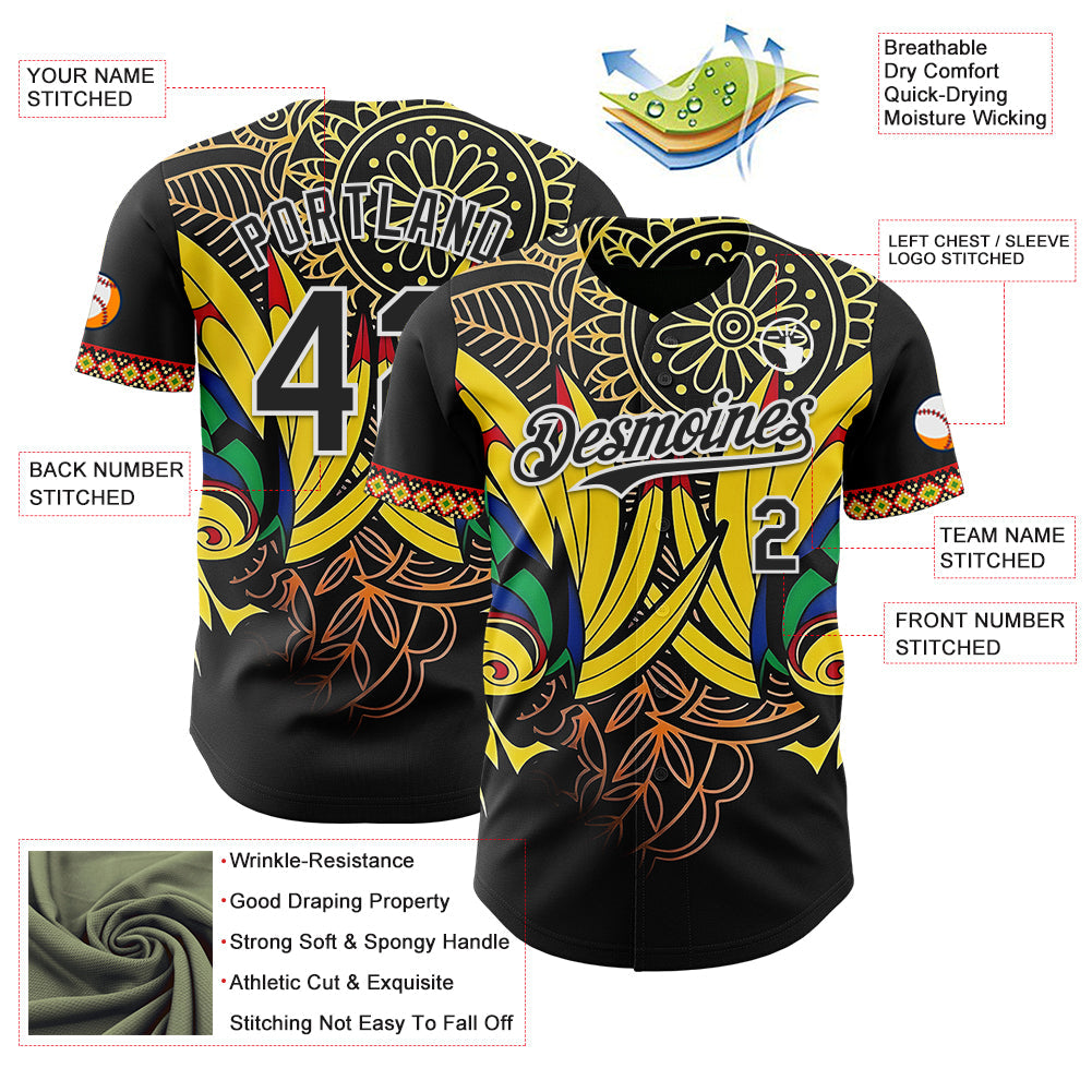 Custom Black Yellow Red Green-White Black History Month Africa Tribal Authentic Baseball Jersey view 3