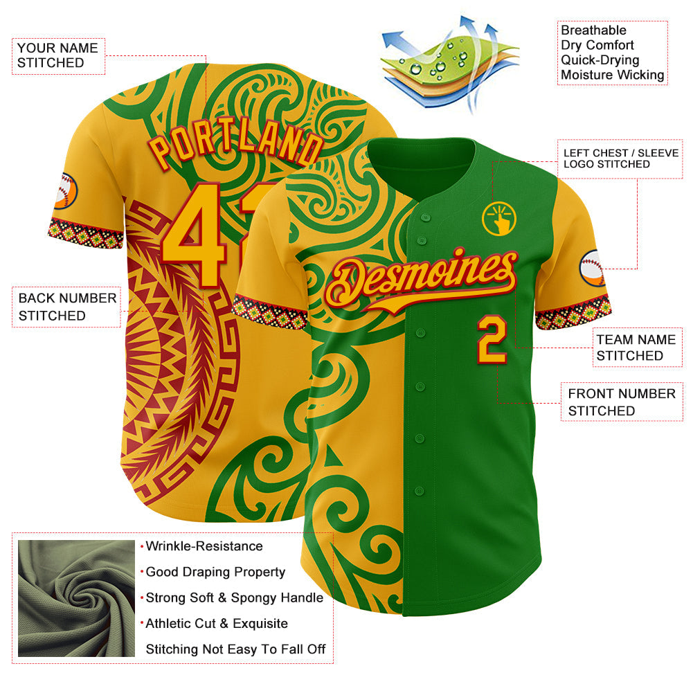 Custom Grass Green Gold Red-Black Black History Month Africa Tribal Authentic Baseball Jersey view 3