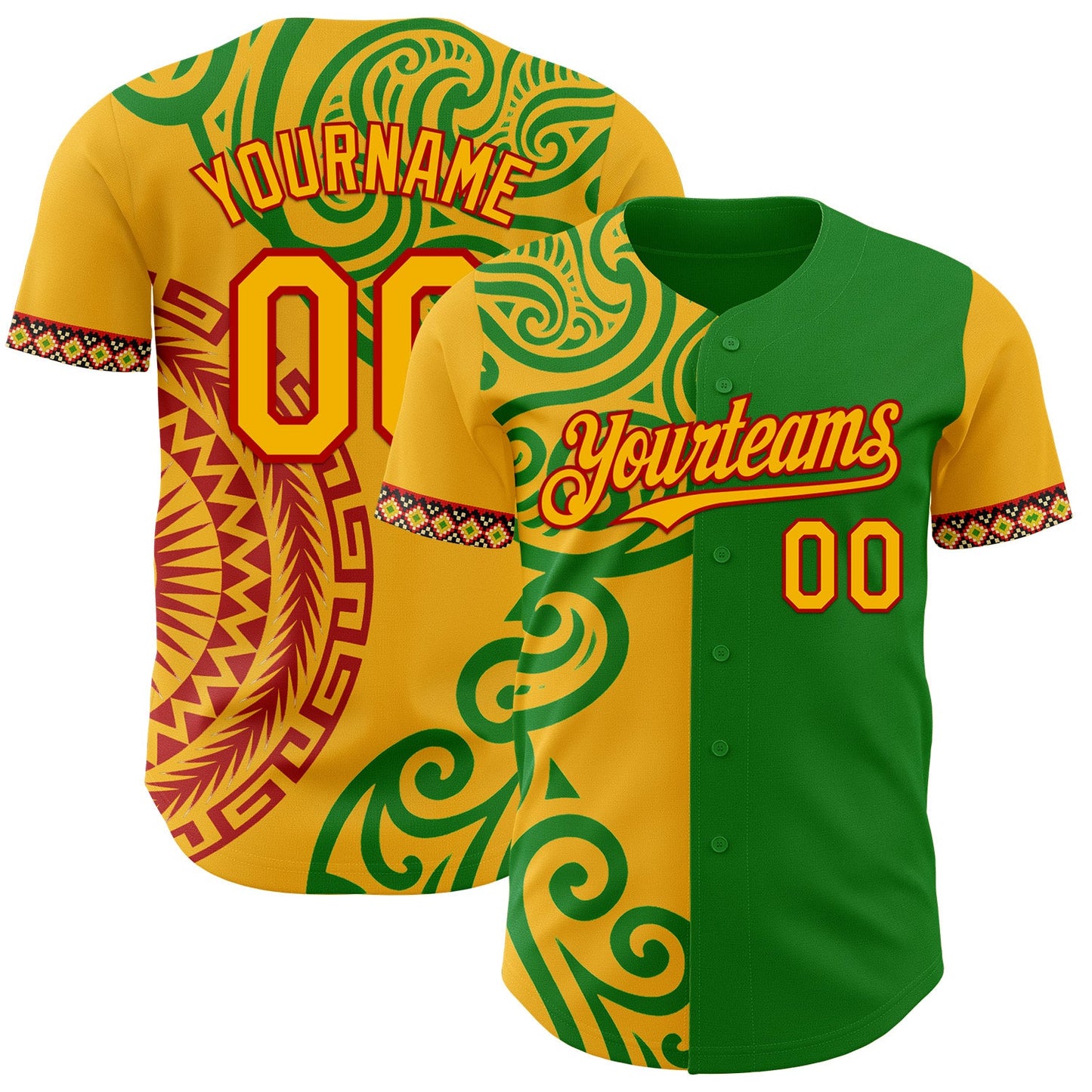 Custom Grass Green Gold Red-Black Black History Month Africa Tribal Authentic Baseball Jersey - Main View