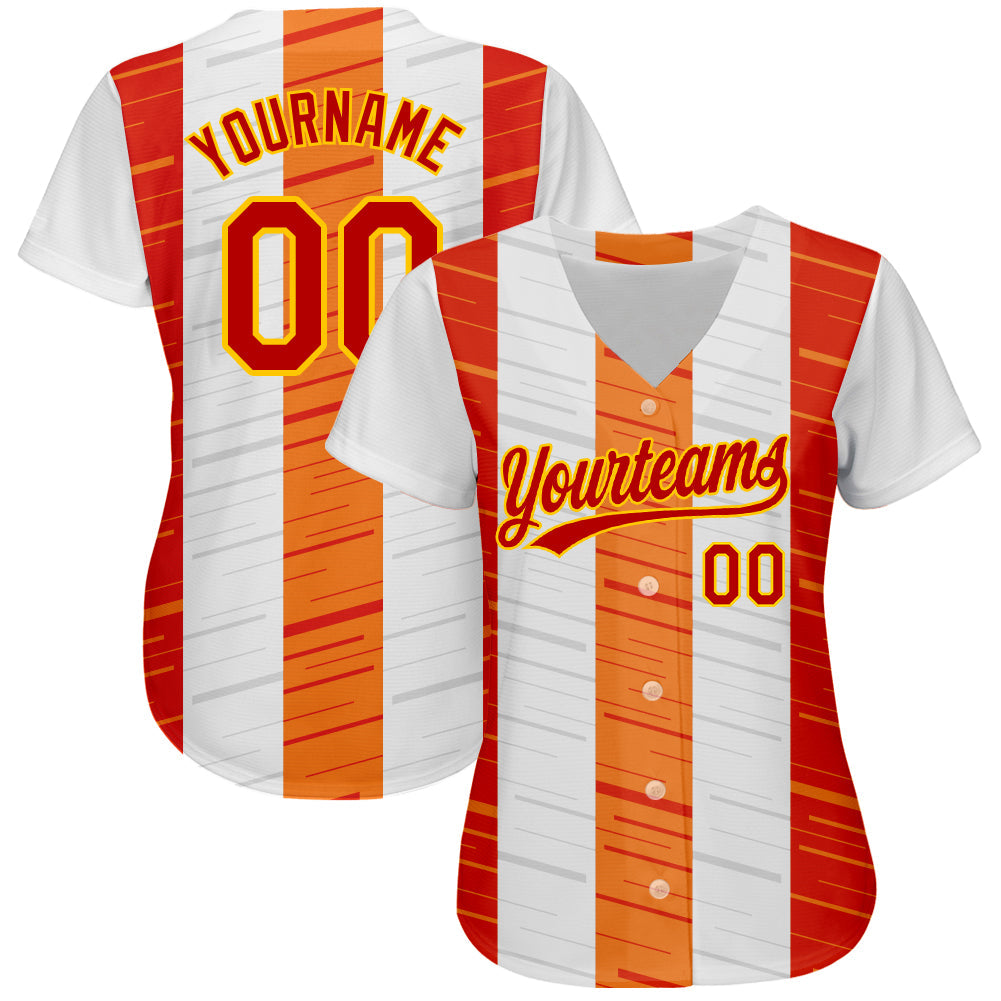 Custom White Red Gold-Orange 3D Pattern Design Authentic Baseball Jersey view 2