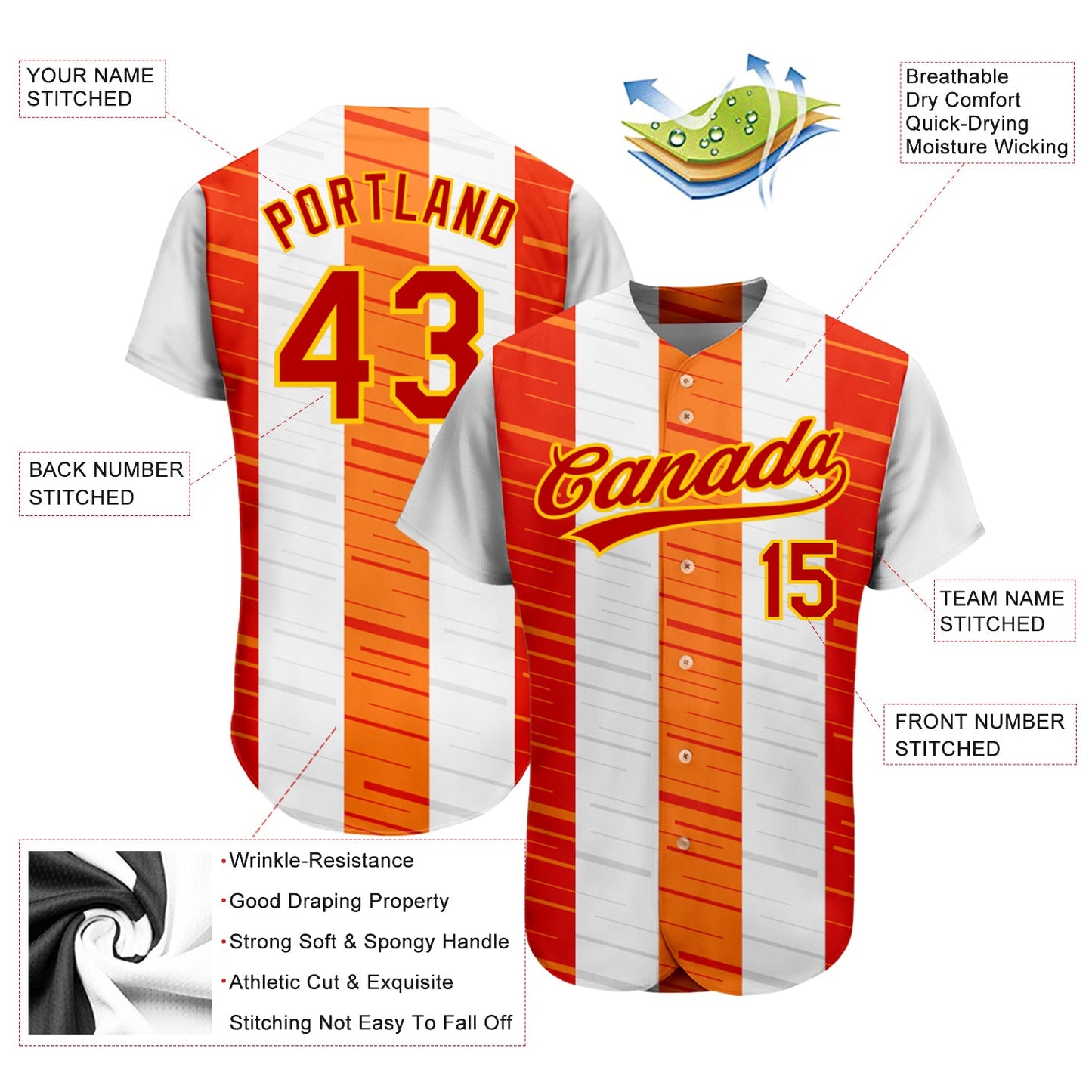 Custom White Red Gold-Orange 3D Pattern Design Authentic Baseball Jersey view 3
