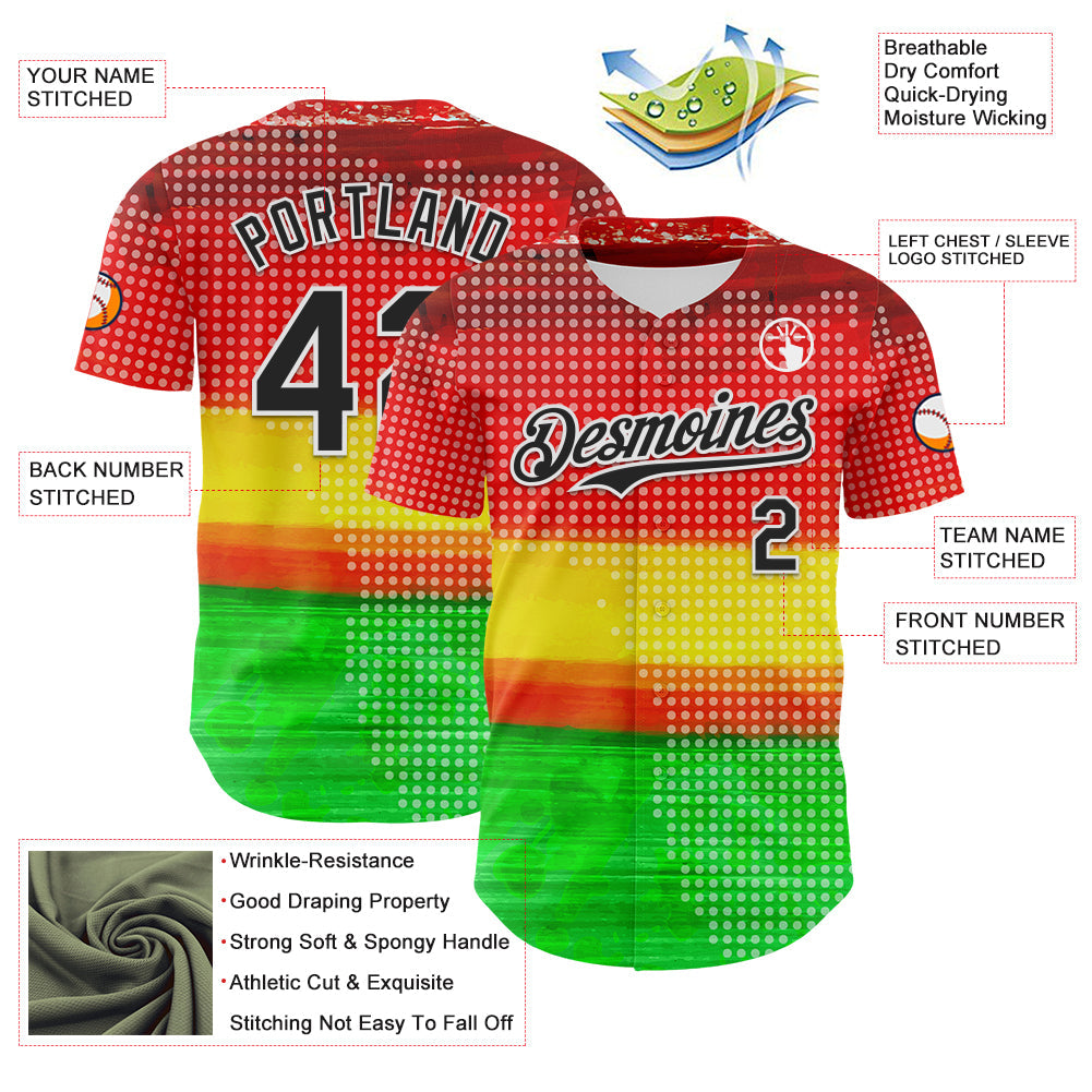 Custom Red Black Yellow Green-White 3D Pattern Design Black History Month Polka Dots Authentic Baseball Jersey view 3