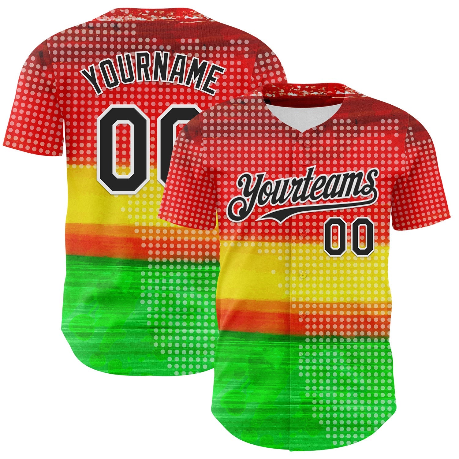 Custom Red Black Yellow Green-White 3D Pattern Design Black History Month Polka Dots Authentic Baseball Jersey - Main View