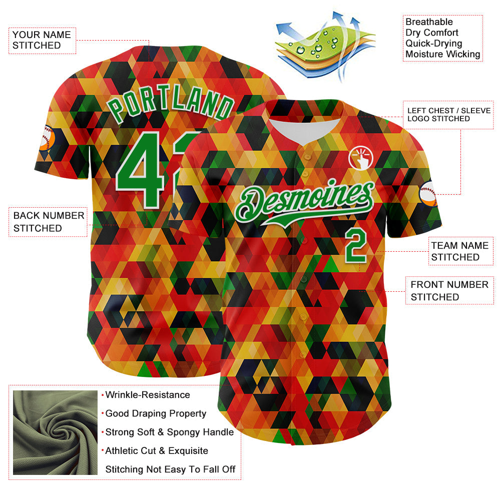 Custom Red Grass Green Yellow-White 3D Pattern Design Black History Month Abstract Geometric Authentic Baseball Jersey view 3