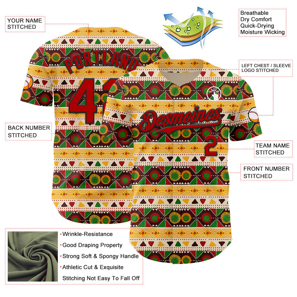 Custom Cream Red Yellow Green-Black 3D Pattern Design Black History Month African Ethnicity Style Authentic Baseball Jersey view 3
