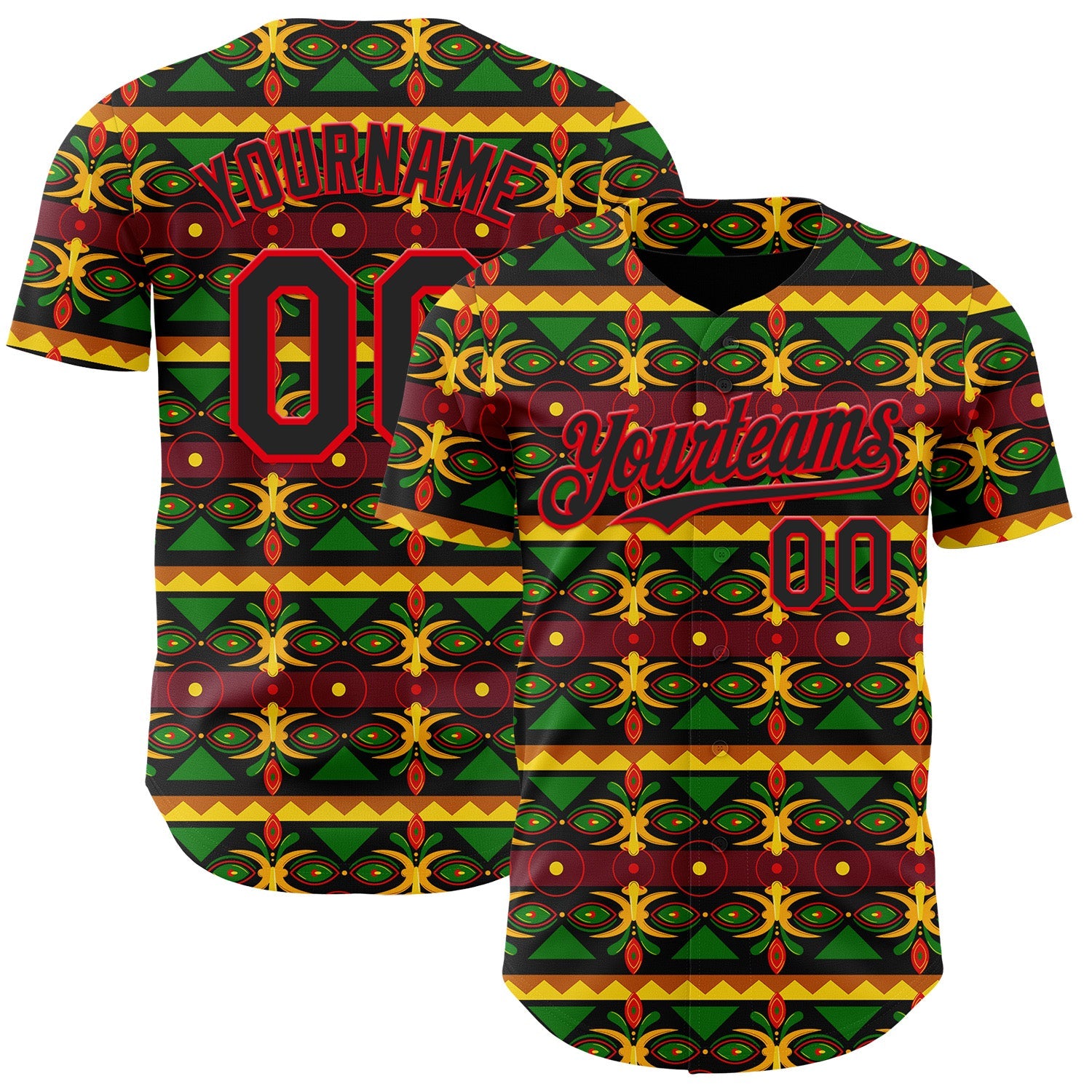 Custom Black Green Yellow Green-Fire Red 3D Pattern Design Black History Month African Ethnicity Style Authentic Baseball Jersey - Main View