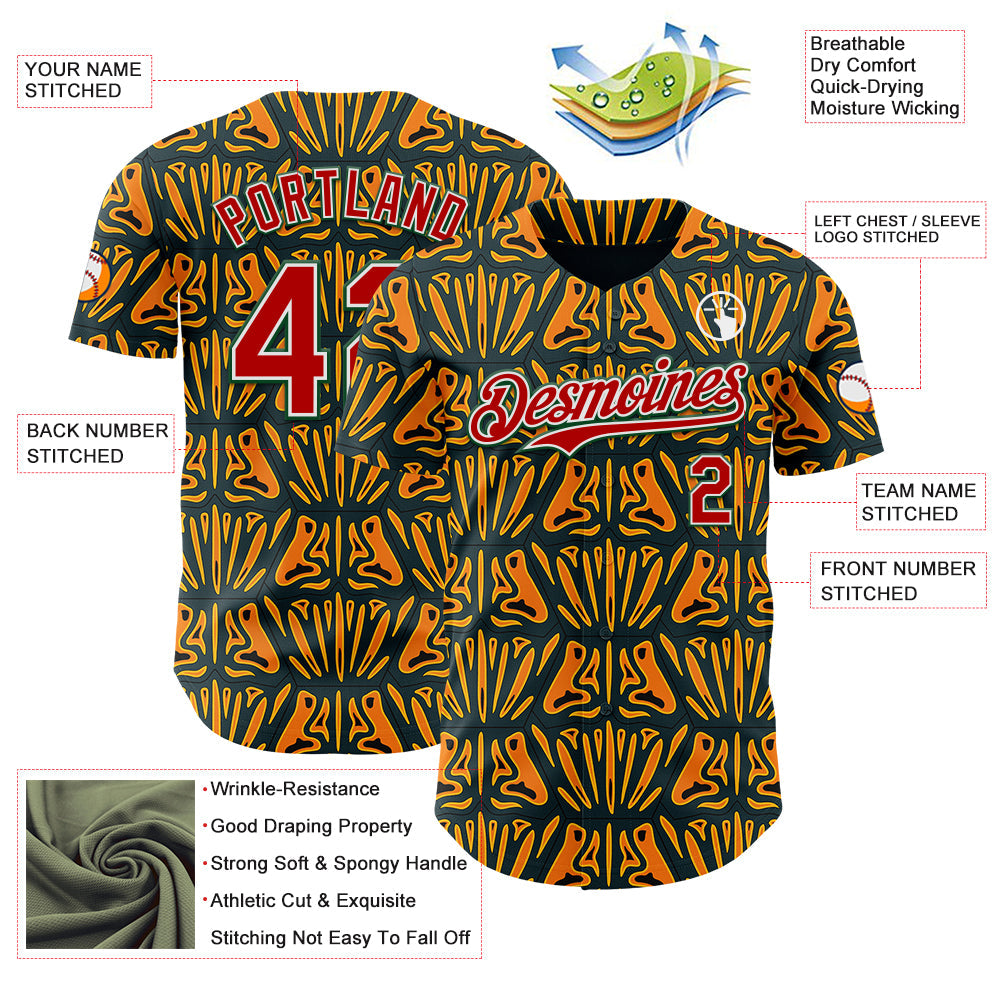 Custom Black Red Yellow Green-White 3D Pattern Design Black History Month African Ethnicity Style Authentic Baseball Jersey view 3