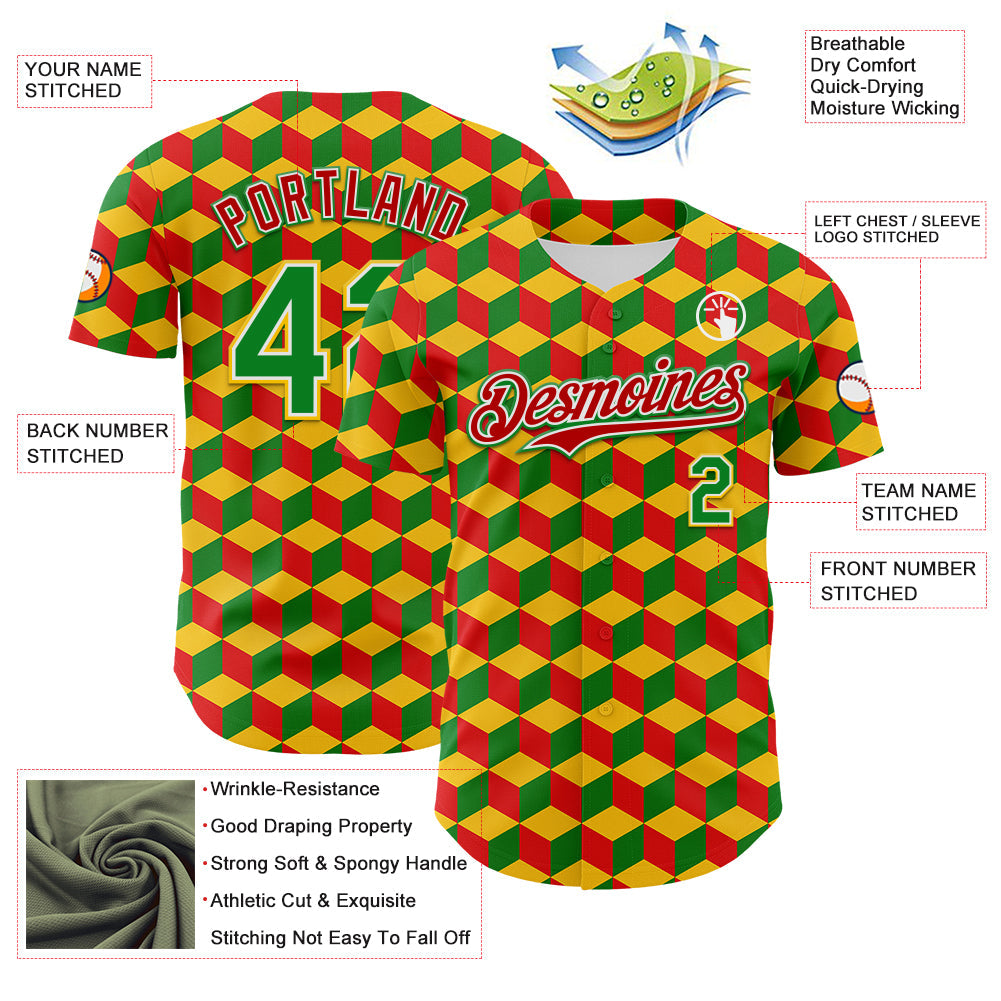 Custom Yellow Grass Green Red-White 3D Pattern Design Black History Month Abstract Geometric Authentic Baseball Jersey view 3