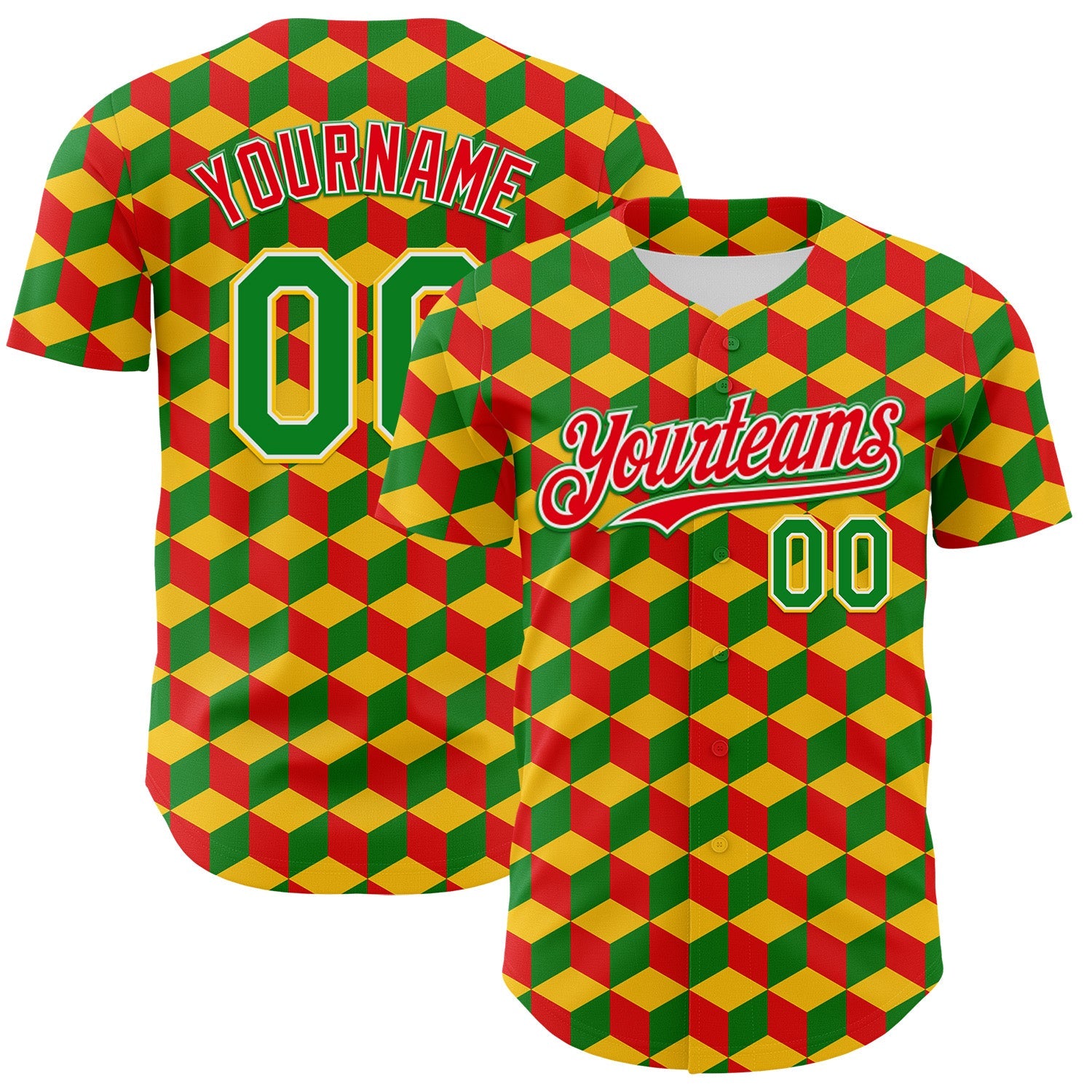 Custom Yellow Grass Green Red-White 3D Pattern Design Black History Month Abstract Geometric Authentic Baseball Jersey - Main View